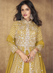 Yellow Embroidered Silk Anarkali Suit with a Lehenga