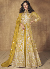 Yellow Embroidered Silk Anarkali Suit with a Lehenga