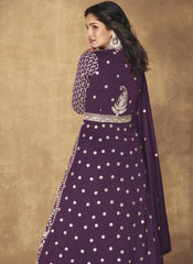 Purple Embroidered Silk Anarkali Suit with a Lehenga