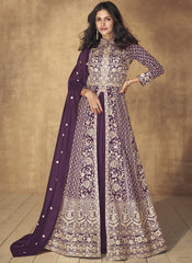 Purple Embroidered Silk Anarkali Suit with a Lehenga