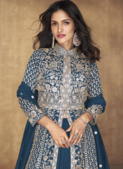 Blue Embroidered Silk Anarkali Suit with a Lehenga