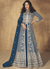 Blue Embroidered Silk Anarkali Suit with a Lehenga
