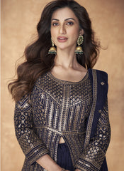 Navy Blue Ready to Wear Sequence Embroidered Lehenga Style Suit