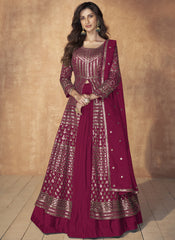 Pinkish Maroon Ready to Wear Sequence Embroidered Lehenga Style Suit