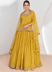 Yellow Multi Sequence Embroidery Designer Georgette Lehenga Kurti