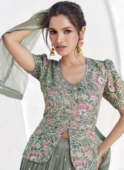 Greyish Green  Sequence Embroidery Designer Georgette Lehenga Kurti