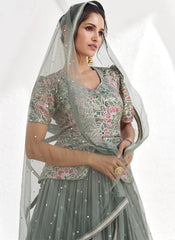 Greyish Green  Sequence Embroidery Designer Georgette Lehenga Kurti