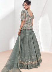 Greyish Green  Sequence Embroidery Designer Georgette Lehenga Kurti