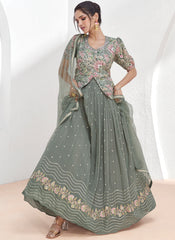 Greyish Green  Sequence Embroidery Designer Georgette Lehenga Kurti