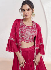 Rani-Pink Sequence Embroidered Designer Jacket Style Georgette Lehenga
