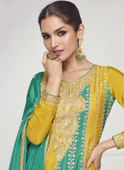 Yellow and Turquoise Embroidered Chinon Silk Suit with Palazzo