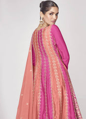 Pink and Orange Embroidered Chinon Silk Suit with Palazzo