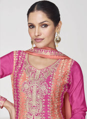 Pink and Orange Embroidered Chinon Silk Suit with Palazzo