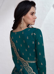 Teal Blue Embroidery Silk Wedding Anarkali Suit