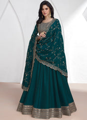 Teal Blue Embroidery Silk Wedding Anarkali Suit