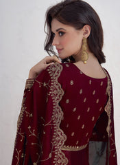 Dark Maroon Embroidery Silk Wedding Anarkali Suit
