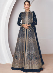 Navy Blue And Gold Embroidered Anarkali Lehenga Style Suit