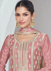 Rose Pink Embroidered Chinon Silk Palazzo Suit
