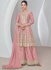 Rose Pink Embroidered Chinon Silk Palazzo Suit