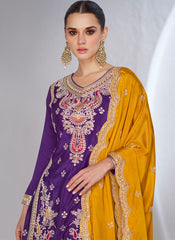 Purple, Firozi and Yellow Sequence Embroidery Palazzo Suit