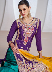 Purple, Firozi and Yellow Sequence Embroidery Palazzo Suit