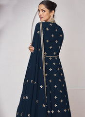 Navy Blue And Gold Embroidered Anarkali Lehenga Style Suit