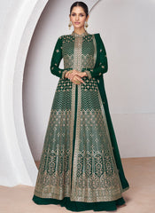 Dark Green And Gold Embroidered Anarkali Lehenga Style Suit
