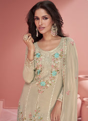 Greyish Cream Multi-Thread Embroidery Organza Silk Palazzo Suit