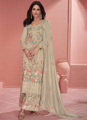 Greyish Cream Multi-Thread Embroidery Organza Silk Palazzo Suit