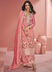 Peach-Pink Multi-Thread Embroidery Organza Silk Palazzo Suit
