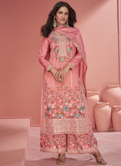 Peach-Pink Multi-Thread Embroidery Organza Silk Palazzo Suit