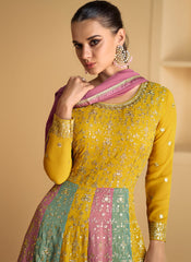 Yellow with Multicolor Embroidered Georgette Anarkali Suit