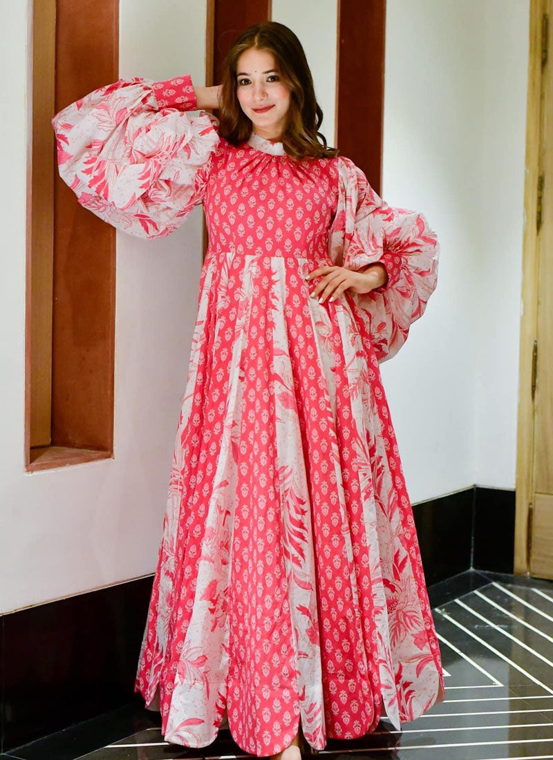 Pink and White Digital Printed Cotton Silk flaired Kurti - nirshaa