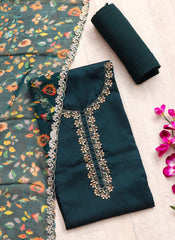 Jade Green embroidered Russian Silk Dress Material