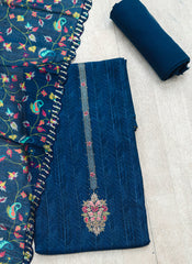 Navy Blue Embroidered Muslin Dress Material