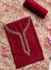 Maroon Embroidered Muslin Dress Material