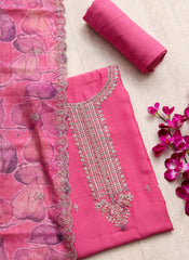 Pink Embroidered Muslin Dress Material