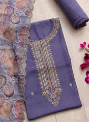 Purple Embroidered Muslin Dress Material