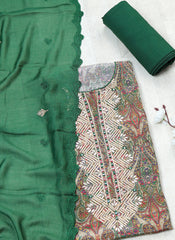 Green and Beige Embroidered Pure Crepe Dress Material