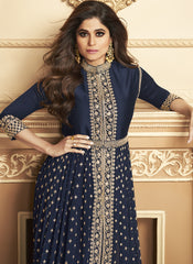 Shamita Shetty Navy Blue Embroidered Slitted Georgette Suit