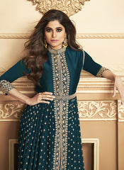 Shamita Shetty Teal Blue Embroidered Slitted Georgette Suit