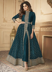 Shamita Shetty Teal Blue Embroidered Slitted Georgette Suit
