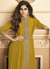 Shamita Shetty Mustard Yellow Embroidered Slitted Georgette Suit