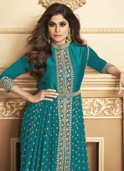 Shamita Shetty Firozi Embroidered Slitted Georgette Suit