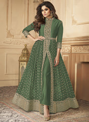 Shamita Shetty Greyish Green Embroidered Slitted Georgette Suit