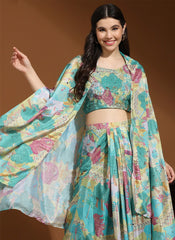 Blue Digital Printed Ready to wear Chinon Indowestern Outfit