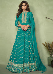 Turquoise Embroidered Festive Anarkali Suit