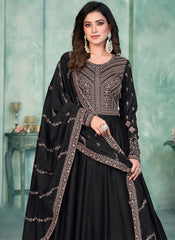 Black Embroidered Art Silk Anarkali Style Suit