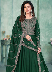 Dark Green Embroidered Art Silk Anarkali Style Suit