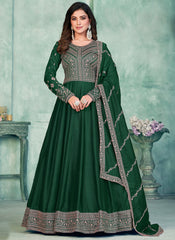 Dark Green Embroidered Art Silk Anarkali Style Suit